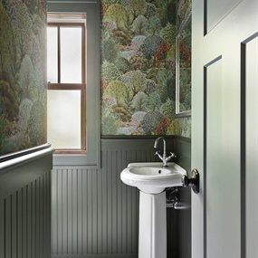 Remodeled Minneapolis powder room featuring dark green wainscoting, botanical wallpaper, and a pedestal sink.