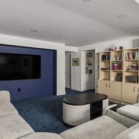 Basement home theater with a wall-mounted TV, custom shelving, and comfortable sectional seating in Minneapolis.